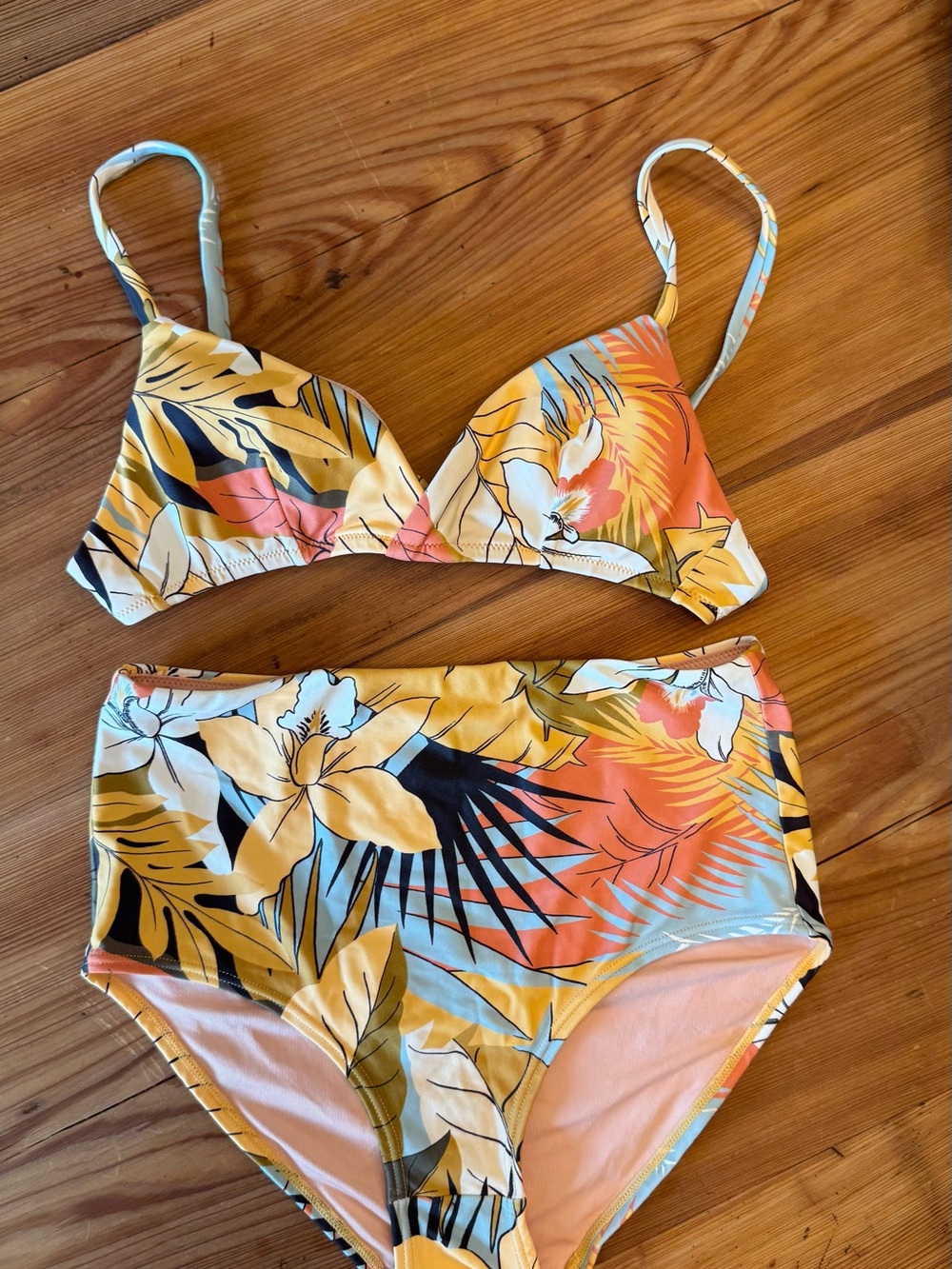 Madewell Tropical Floral Two-Piece Bikini Set in Yellow, Coral & Light Blue